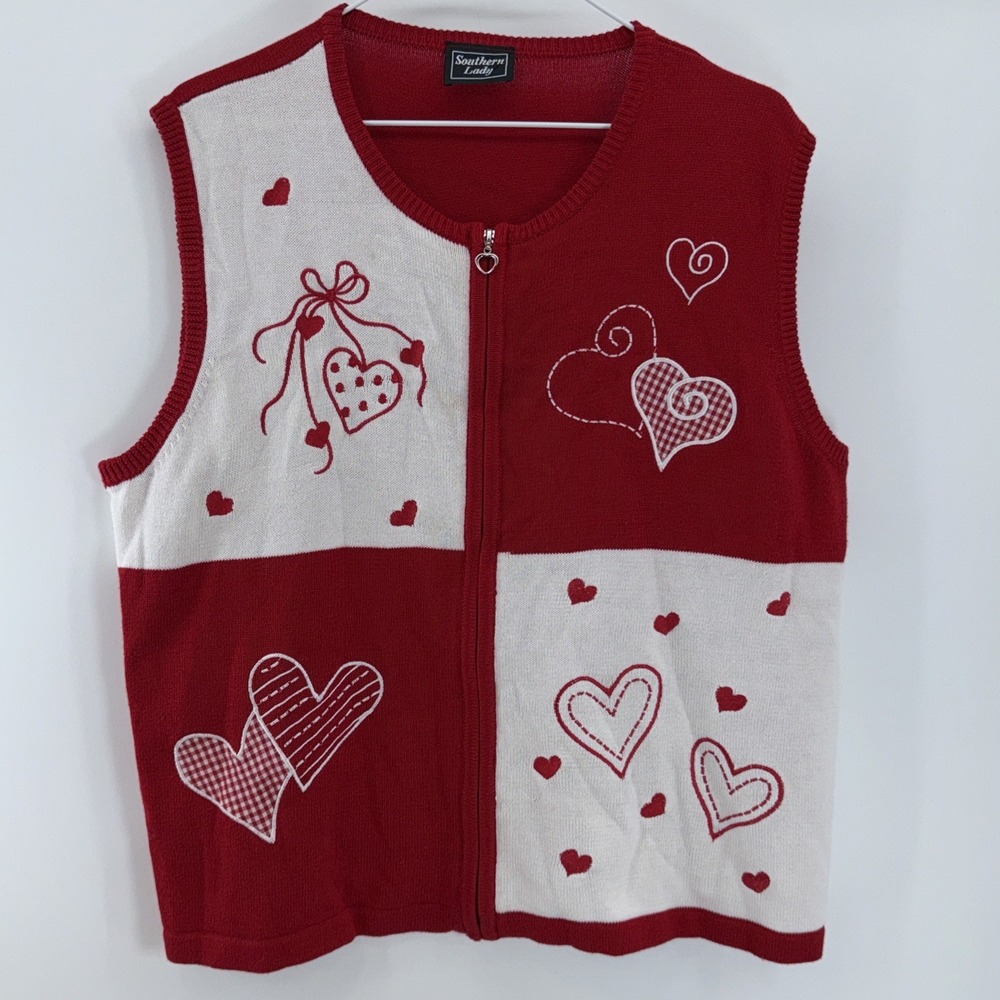 Are You In Your Teacher's Era?  Red & Cream Heart Zip Front Sweater Vest